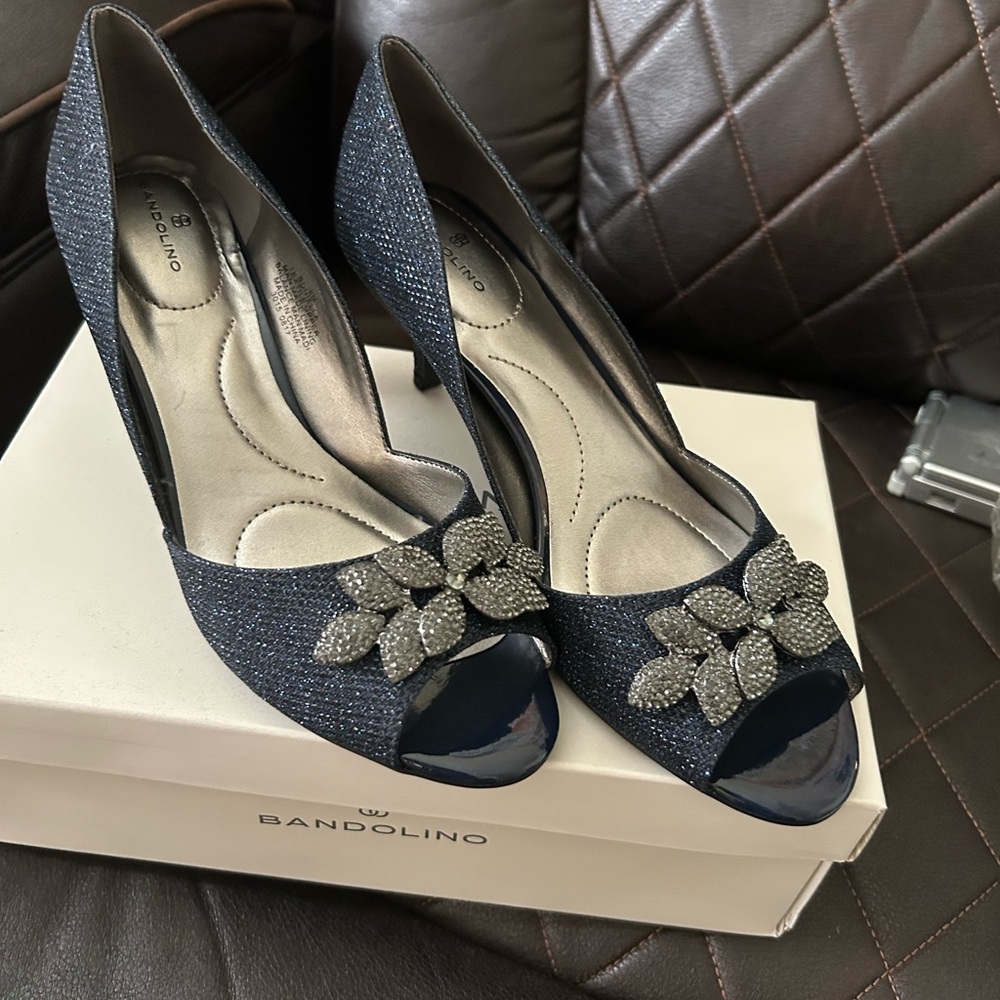 Bandolino Blue and Silver Heels with Floral Embellishments